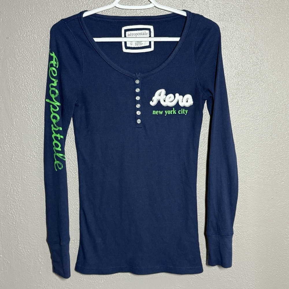 Vintage Aeropostale Womens Y2K Longsleeve Thermal Henley Top Size L Preppy Navy - Picture 1 of 11